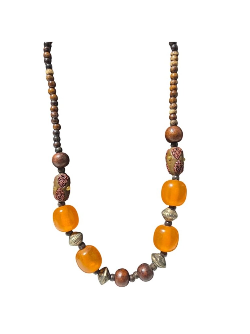 Vintage Tribal Inspired Beaded Necklace Orange Resin Brown Wood Bead 70s Fashion